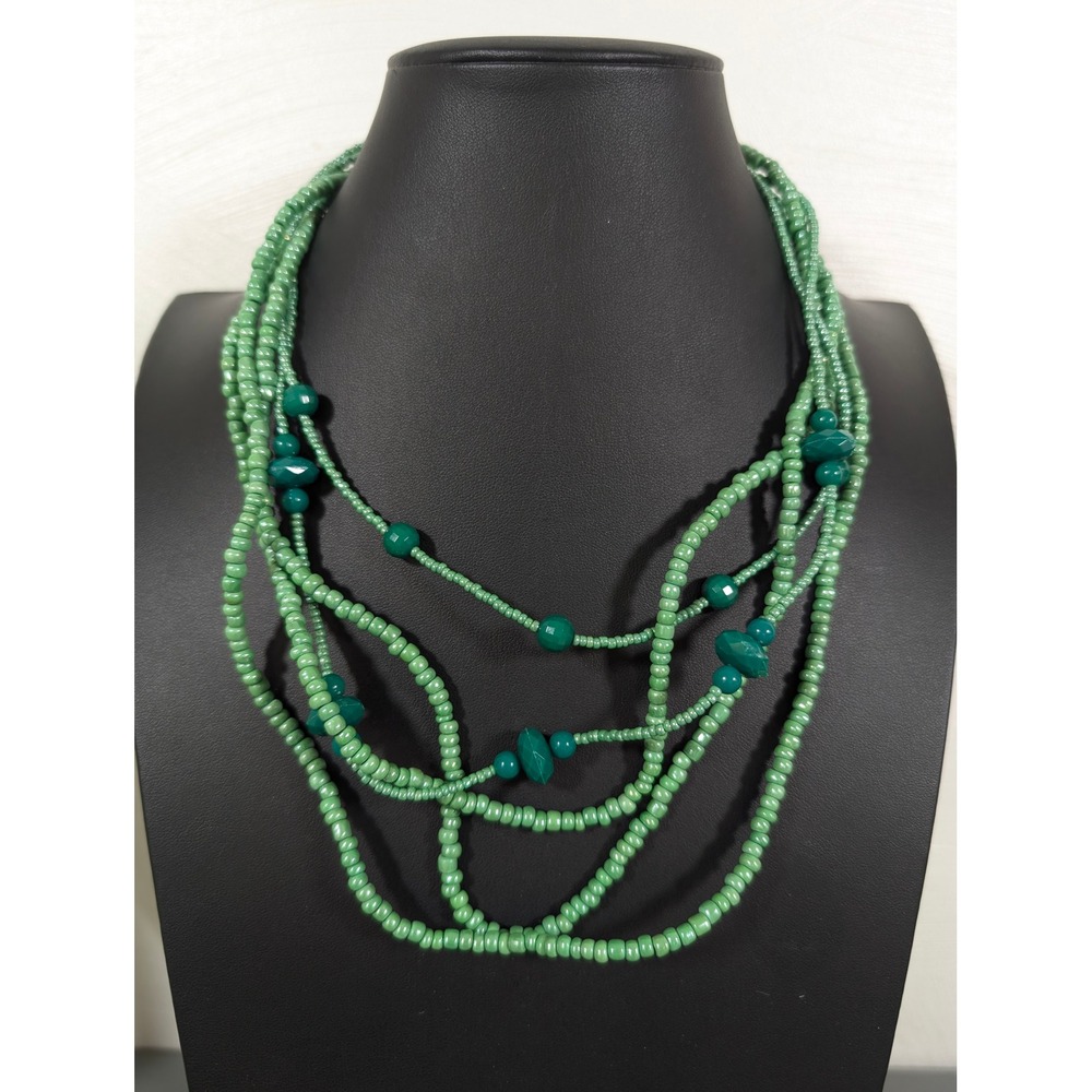 Green Pearlized Multi Strand Beaded Necklace Faceted‎ Acrylic Layered 20" Boho